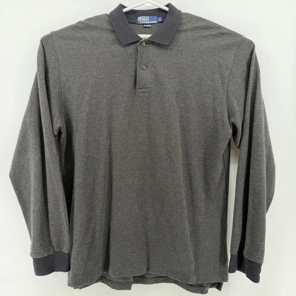 Polo Ralph Lauren Mens Long‎ Sleeve Polo Shirt Gray Textured Knit Size XL